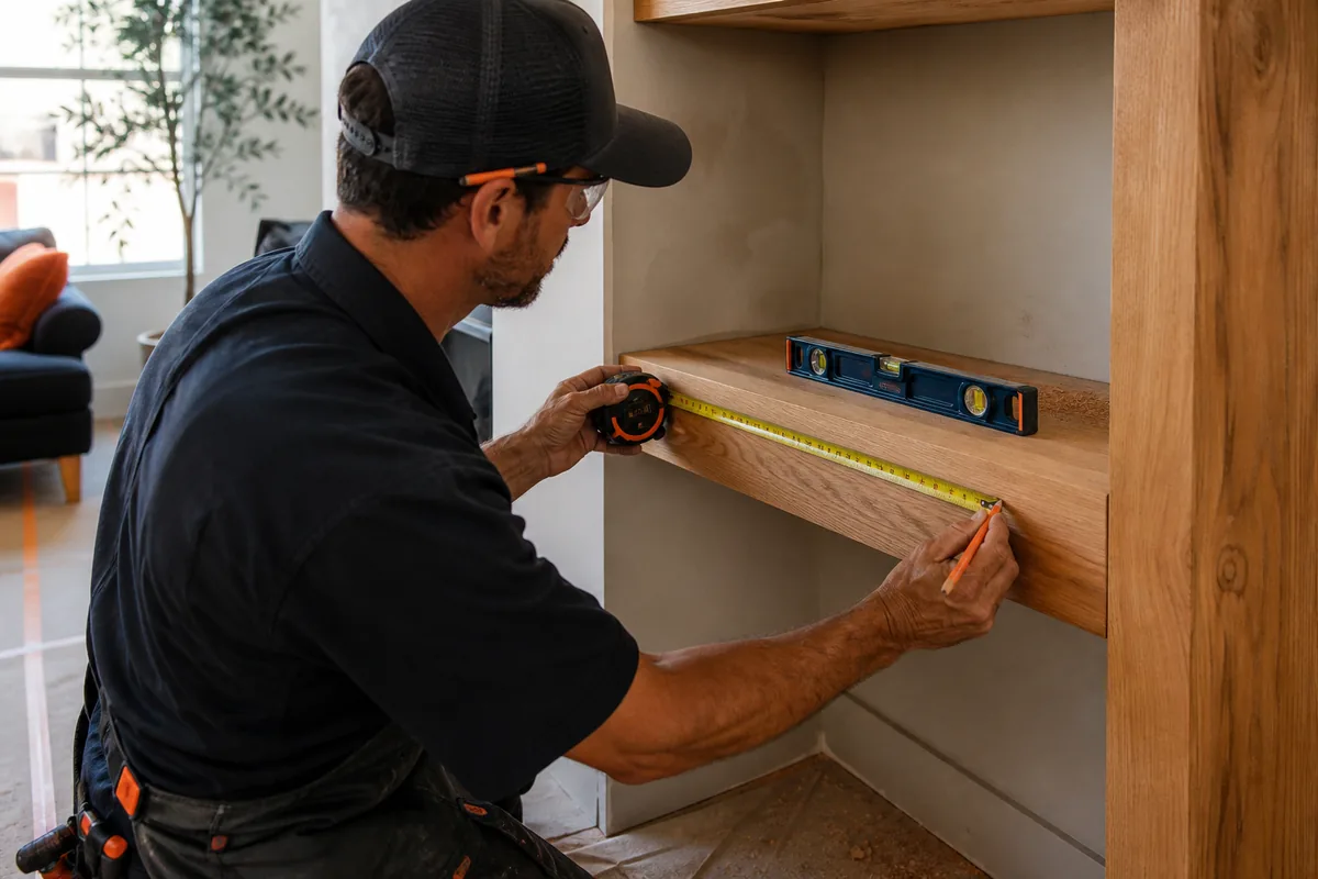 Handyman measuring a wood shelf for installation