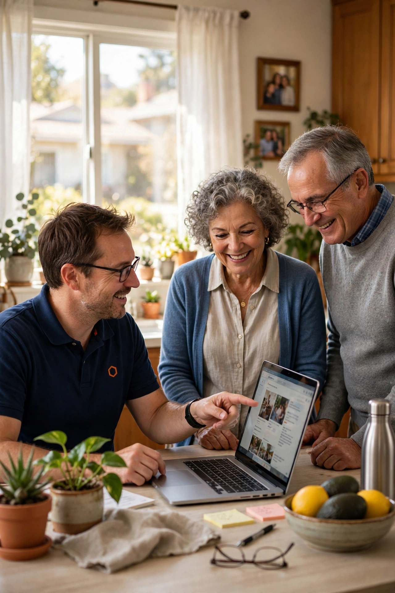 Illustrative photo of a tech specialist helping a senior couple with their laptop at the kitchen table