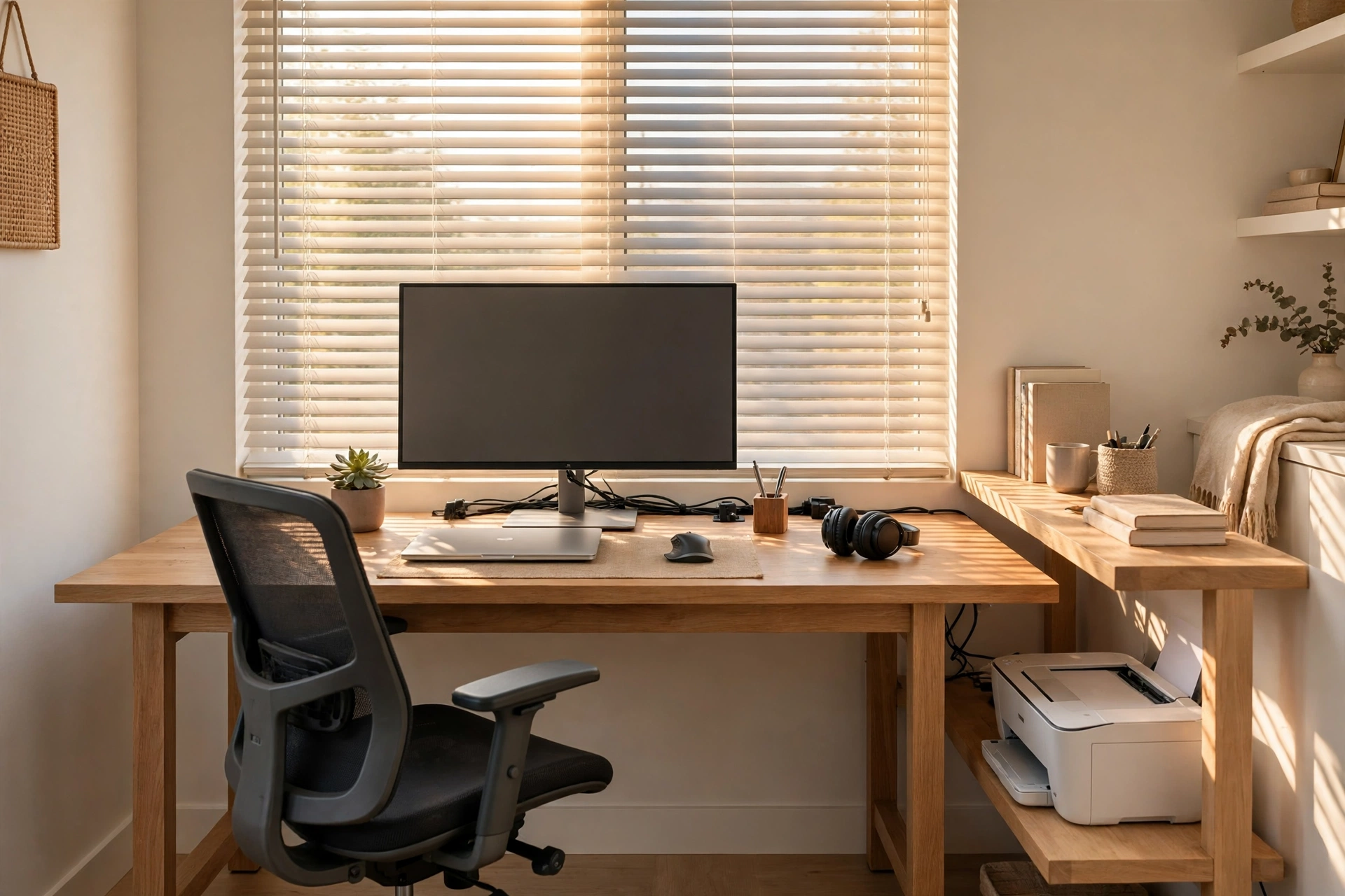 Illustrative example of a finished home office with assembled desk, monitor, and printer