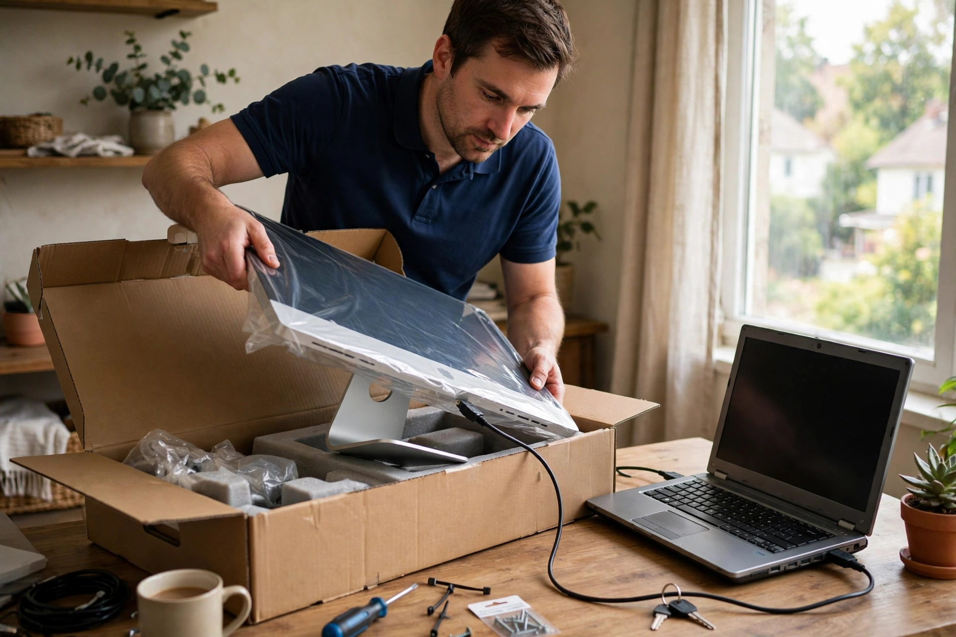 Illustrative example of a new all-in-one computer being unboxed and set up beside the customer's old laptop for data transfer