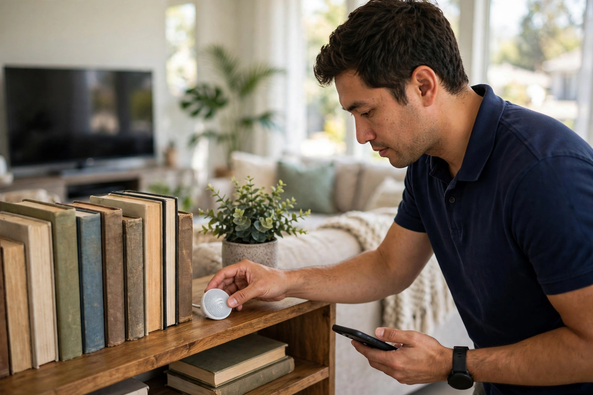 Illustrative example of a mesh Wi-Fi node being placed on a living-room bookshelf