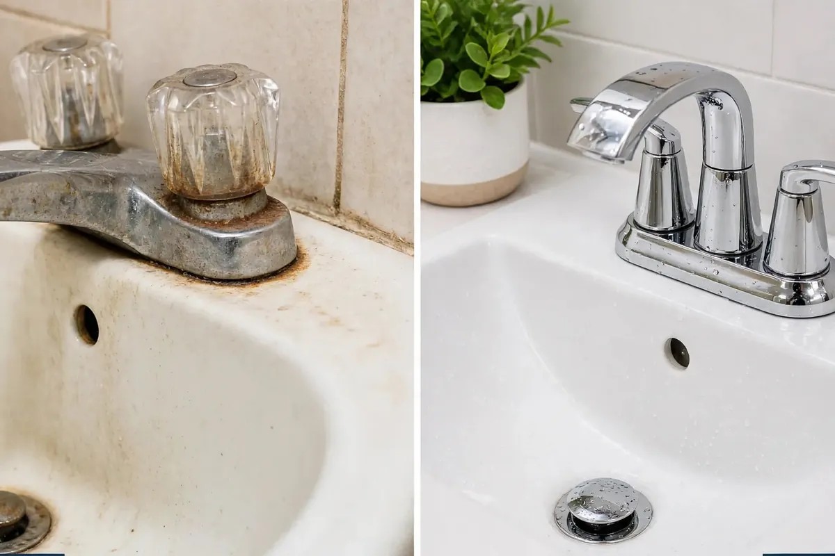 Illustrative before and after example of a bathroom faucet replacement