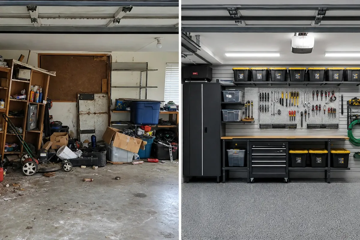 Illustrative before and after example of garage shelving and organization